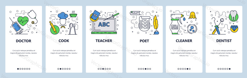 Vector web site linear art onboarding screens template. Job and profession menu banners for website and mobile app development. Doctor, dentist, chef, teacher. Modern design flat illustration