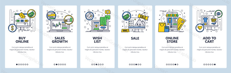Vektorové webové stránky lineární umění onboarding obrazovky šablony. Obchodování na finančním trhu, online nakupování, prodej, obchod. Bannery Menu pro vývoj webových stránek a mobilních aplikací. Moderní design ploché ilustrace