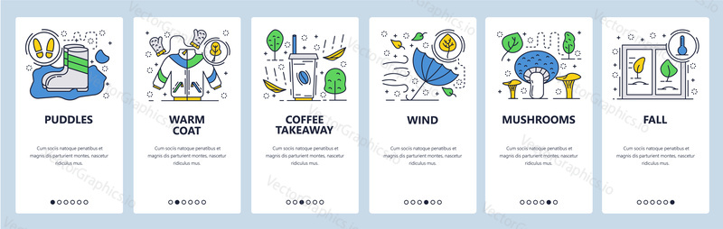 Vector web site linear art onboarding screens template. Fall season. Menu banners for website and mobile app development. Modern design flat illustration