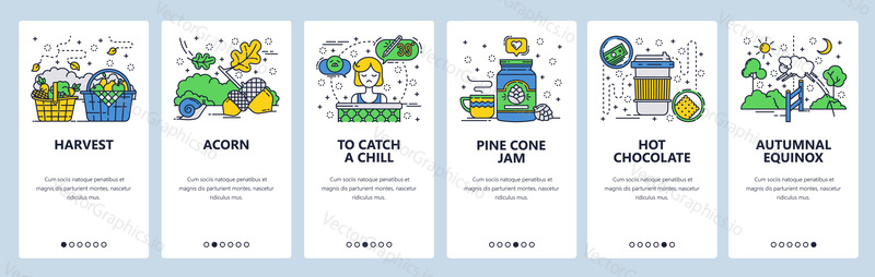 Vector web site linear art onboarding screens template. Crop harvest, flu and fever, hot chocolate. Menu banners for website and mobile app development. Modern design flat illustration