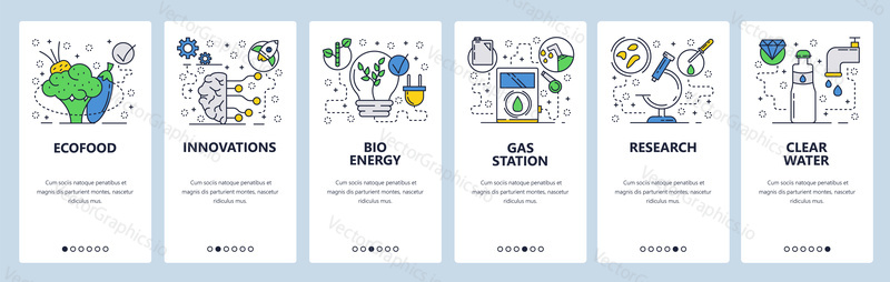 Vektorové webové stránky lineární umění onboarding obrazovky šablony. Biopotraviny, ekologické inovace, bio energie a čistá voda. Bannery Menu pro vývoj webových stránek a mobilních aplikací. Moderní design ploché ilustrace
