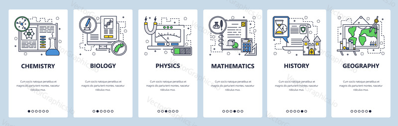 Vektorové webové stránky lineární umění onboarding obrazovky šablony. Předměty školního vzdělávání, chemie, matematika, fyzika, biologie, historie, zeměpis. Bannery Menu pro vývoj webových stránek a mobilních aplikací. Moderní design ploché ilustrace