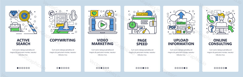 Vector web site linear art onboarding screens template. Video marketing, upload files and online customer service. Menu banners for website and mobile app development. Modern design flat illustration