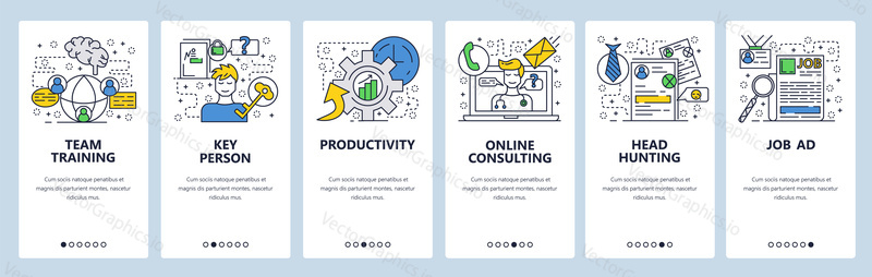 Vector web site linear art onboarding screens template. Head hunting and job advertising. Menu banners for website and mobile app development. Modern design flat illustration