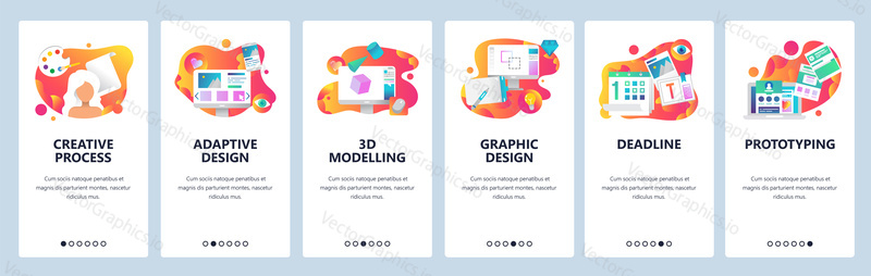 Vektorové webové stránky onboarding obrazovky gradient šablony. Grafický design, prototypování, kreativní umělec a 3d modelování. Bannery Menu pro vývoj webových stránek a mobilních aplikací.