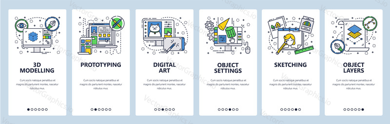 Vector web site linear art onboarding screens template. Digital art and design, 3d modelling, drawing, sketching. Menu banners for website and mobile app development. Modern design flat illustration