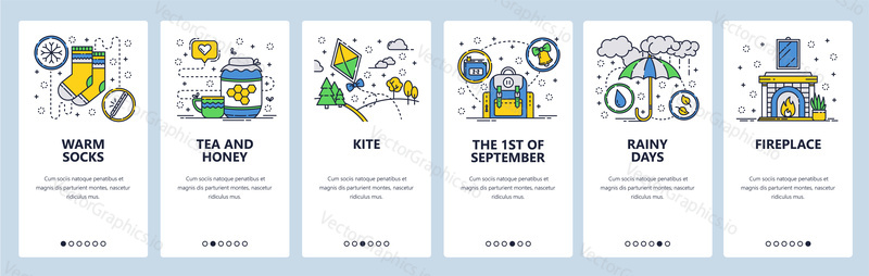 Vector web site linear art onboarding screens template. Fall season, rainy days, fireplace. Menu banners for website and mobile app development. Modern design flat illustration
