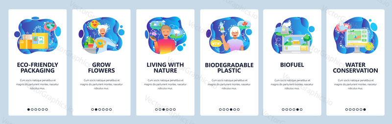 Mobile app onboarding screens. Eco-friendly packaging, recycling, water conservation, biofuel. Menu vector banner template for website and mobile development. Web site design flat illustration.