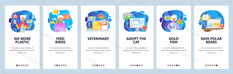 Mobile app onboarding screens. Save the planet, protect animals, no plastic bags. Menu vector banner template for website and mobile development. Web site design flat illustration.