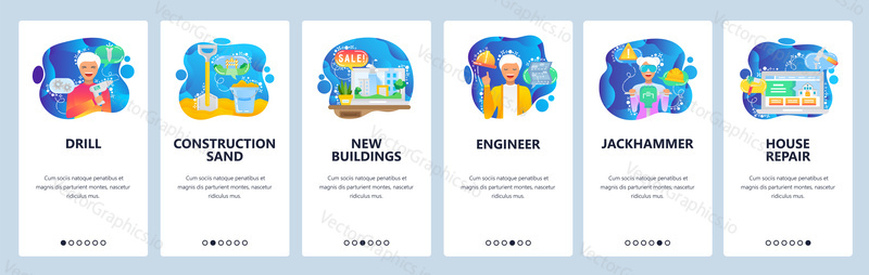 Mobile app onboarding screens. Construction workers and hardware tools. Menu vector banner template for website and mobile development. Web site design flat illustration.