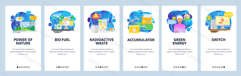 Mobile app onboarding screens. High voltage power line, radioactive waste, green energy. Menu vector banner template for website and mobile development. Web site design flat illustration.