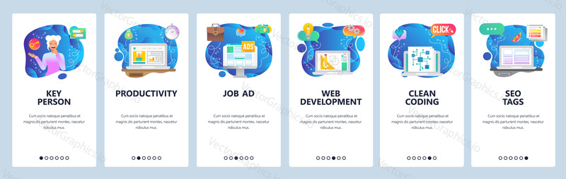 Mobilní aplikace onboarding obrazovky. Kreslení projektu, Řízení podniku, životopis, seo tagy, marketing. Nabídka vektorový banner šablona pro webové stránky a mobilní vývoj. Design webových stránek plochý ilustrace.