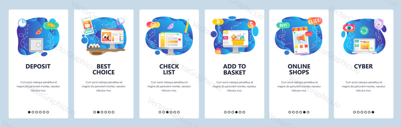 Mobile app onboarding screens. Online shopping, order food online, sale promotion. Menu vector banner template for website and mobile development. Web site design flat illustration.