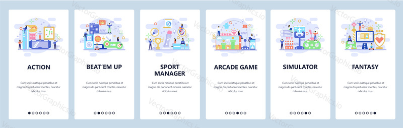 Mobile app onboarding screens. Game simulator, arcade, action, cyber sport. Menu vector banner template for website and mobile development. Web site design flat illustration.