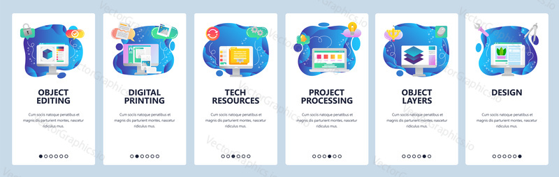 Mobile app onboarding screens. 3D model development, image editor, digital printing, layers. Menu vector banner template for website and mobile development. Web site design flat illustration.