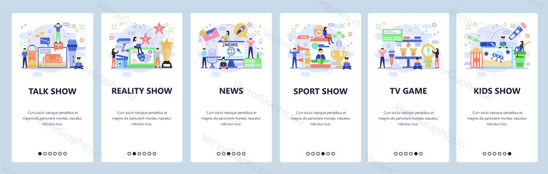 Mobile app onboarding screens. Television industry, tv show, sport news. Menu vector banner template for website and mobile development. Web site design flat illustration.