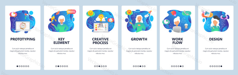 Mobilní aplikace onboarding obrazovky. Načítání, obchodní růst, umělkyně, kreativní designér, vítěz. Nabídka vektorový banner šablona pro webové stránky a mobilní vývoj. Design webových stránek plochý ilustrace.
