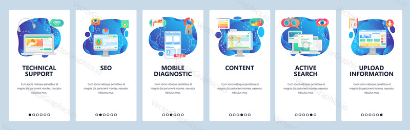 Mobilní aplikace onboarding obrazovky. Telefonní aplikace wireframe, lékařská technologie, budování obsahu, vyhledávání. Nabídka vektorový banner šablona pro webové stránky a mobilní vývoj. Design webových stránek plochý ilustrace.