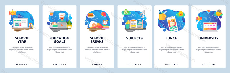 Mobilní aplikace onboarding obrazovky. Školní vzdělávání, čas spát, rozvrh hodin, učení studenta, objednejte si jídlo online. Nabídka vektorový banner šablona pro webové stránky a mobilní vývoj. Design webových stránek plochý ilustrace.