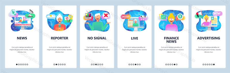 Mobile app onboarding screens. TV industry, breaking news, live stream, female reporter, financial news. Menu vector banner template for website and mobile development. Web site design flat illustration.