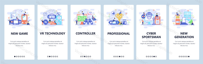 Mobile app onboarding screens. Cyber sportsman, team player, computer games, VR technology. Menu vector banner template for website and mobile development. Web site design flat illustration.