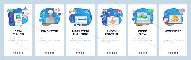 Mobile app onboarding screens. Phone data mining, freelancer work from home, adult content, marketing plan. Menu vector banner template for website and mobile development. Web site design flat illustration.