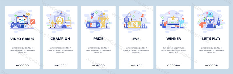 Mobile app onboarding screens. Video games, cyber sport, game level. Menu vector banner template for website and mobile development. Web site design flat illustration.