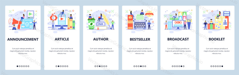 Mobilní aplikace onboarding obrazovky. Spisovatel knih, oznámení, vysílání a živé streamování videa. Nabídka vektorový banner šablona pro webové stránky a mobilní vývoj. Design webových stránek plochý ilustrace.