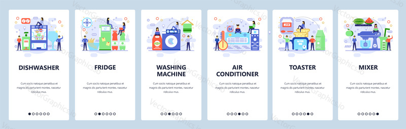 Mobile app onboarding screens. Home interior, kitchen appliances and electronics. Dishwasher, fridge. Menu vector banner template for website and mobile development. Web site design flat illustration.