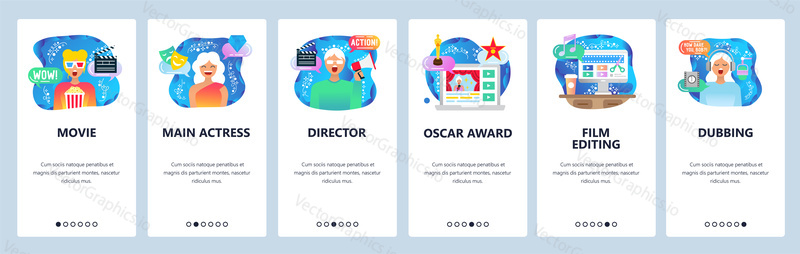 Mobile app onboarding screens. Movie production, film director, cinema viewer. Menu vector banner template for website and mobile development. Web site design flat illustration.