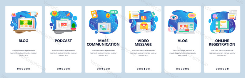 Mobile app onboarding screens. Online blog and vlog, video streaming, podcast and tv news. Menu vector banner template for website and mobile development. Web site design flat illustration.