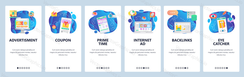 Mobile app onboarding screens. Online sales, advertisement, promotion timer, gift card. Menu vector banner template for website and mobile development. Web site design flat illustration.