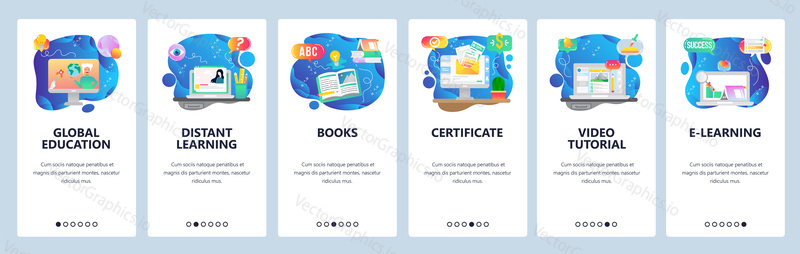 Mobilní aplikace onboarding obrazovky. Globální vzdělávání, online kurzy a lektoři, maturitní vysvědčení. Nabídka vektorový banner šablona pro webové stránky a mobilní vývoj. Design webových stránek plochý ilustrace.