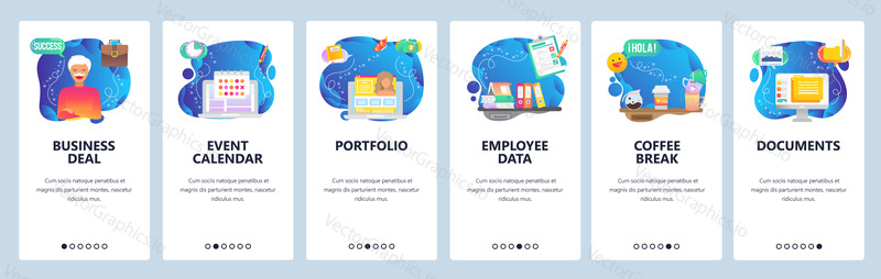 Mobile app onboarding screens. Employee portfolio, businessman, event calendar, computer files. Menu vector banner template for website and mobile development. Web site design flat illustration.