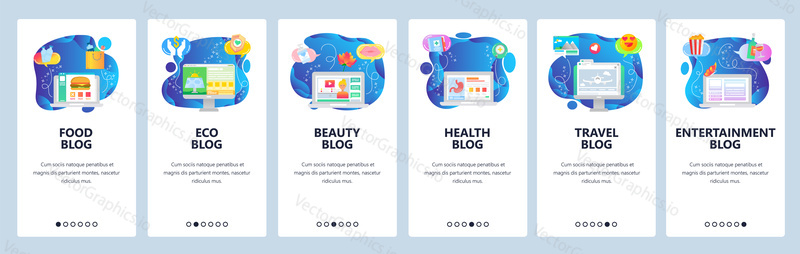 Mobile app onboarding screens. Social media content, blog about travel, beauty, food, health. Menu vector banner template for website and mobile development. Web site design flat illustration.