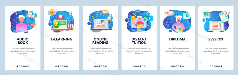 Mobilní aplikace onboarding obrazovky. Online vzdělávání, digitální knihovna, audio kniha, vzdálený tutor, Online čtení. Nabídka vektorový banner šablona pro webové stránky a mobilní vývoj. Design webových stránek plochý ilustrace.