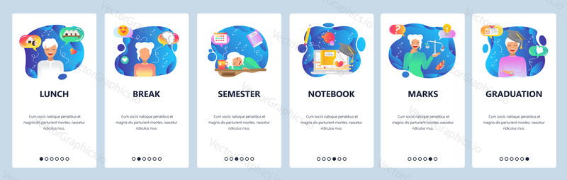 Mobile app onboarding screens. College education, semester test, graduation. Menu vector banner template for website and mobile development. Web site design flat illustration.