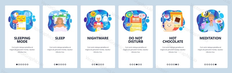 Mobile app onboarding screens. Sleeping mode, nightmare, do not disturb, hot chocolate drink, meditation. Menu vector banner template for website and mobile development. Web site design flat illustration.
