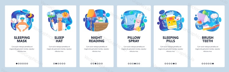 Mobilní aplikace onboarding obrazovky. Spací maska, noční stolek s knihou, polštář, prášky na spaní. Nabídka vektorový banner šablona pro webové stránky a mobilní vývoj. Design webových stránek plochý ilustrace.