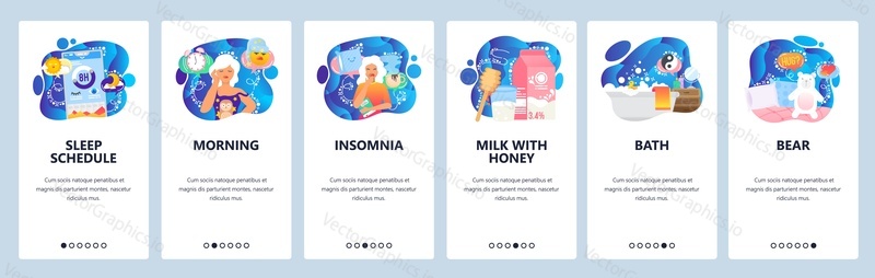 Mobile app onboarding screens. Sleeping problems, insomnia, evening bath, bear, morning, sleep time. Menu vector banner template for website and mobile development. Web site design flat illustration.