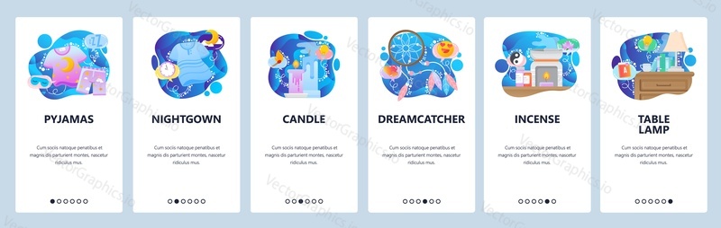 Mobile app onboarding screens. Night sleeping icons, dreamcatcher, candle, pyjamas. Menu vector banner template for website and mobile development. Web site design flat illustration.