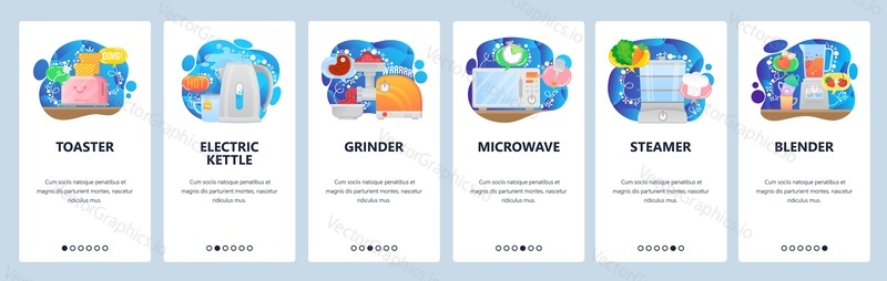 Mobile app onboarding screens. Home appliances and kitchen electronics, toaster, kettle, grinder, microwave, blender. Vector banner template for website and mobile development. Web site design flat illustration.