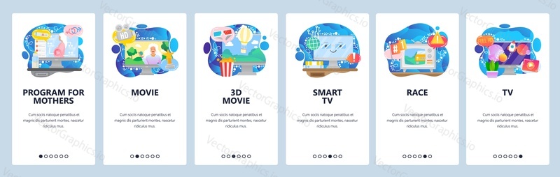 Mobile app onboarding screens. Television show, TV set, sport news, 3d movies and cinema. Menu vector banner template for website and mobile development. Web site design flat illustration.