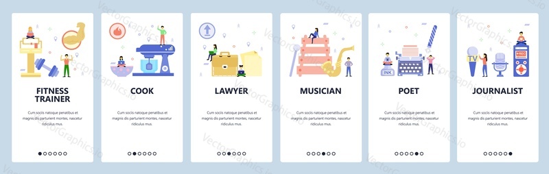 Mobilní aplikace onboarding obrazovky. Profese, právník, hudebník, spisovatel, novinář, fitness trenér. Nabídka vektorový banner šablona pro webové stránky a mobilní vývoj. Design webových stránek plochý ilustrace.