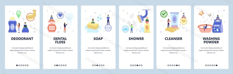 Mobilní aplikace onboarding obrazovky. Ranní rutinní ikony, deodorant, zubní nit, mýdlo, sprcha, prací prášek. Vektorový banner šablona pro webové stránky a mobilní vývoj. Webové stránky ploché ilustrace.