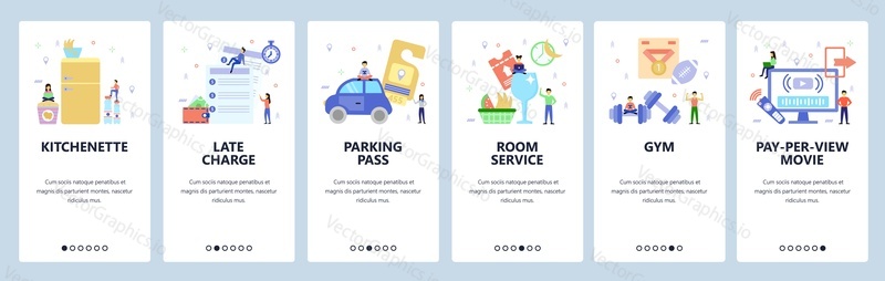 Mobile app onboarding screens. Hotel kitchen, room service, gym, video on demand. Menu vector banner template for website and mobile development. Web site design flat illustration.