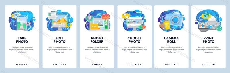 Mobilní aplikace onboarding obrazovky. Foto editor, fotografie, digitální fotoaparát, film, tisk. Nabídka vektorový banner šablona pro webové stránky a mobilní vývoj. Design webových stránek plochý ilustrace.