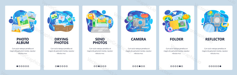 Mobile app onboarding screens. Take and develop photo, digital photography, camera, photo album, light. Vector banner template for website and mobile development. Web site design flat illustration.