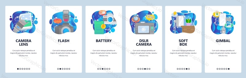 Mobile app onboarding screens. Digital photo camera and flash, photography, lens, gimbal. Menu vector banner template for website and mobile development. Web site design flat illustration.