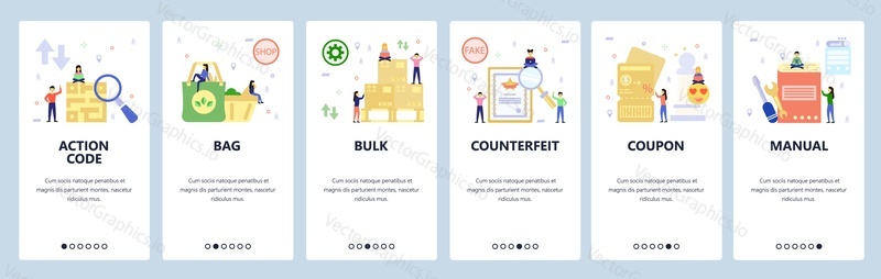 Mobile app onboarding screens. Guidebook, QR code, warehouse, fake certificate. Menu vector banner template for website and mobile development. Web site design flat illustration.